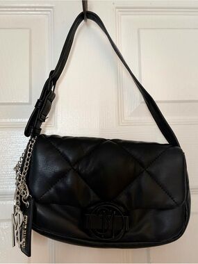 Steve Madden Quilted Black Shoulder Bag with Logo Charm
